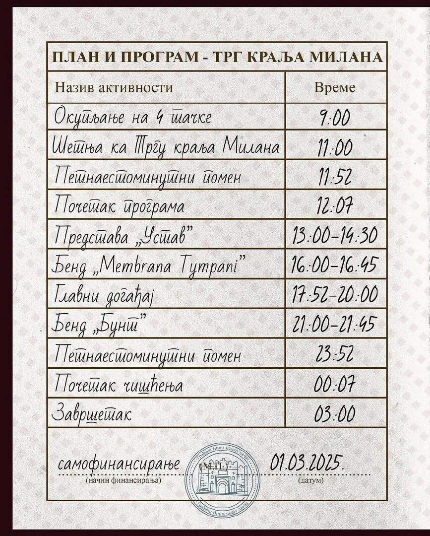 Planned programme for the \"Student Edict\"protest